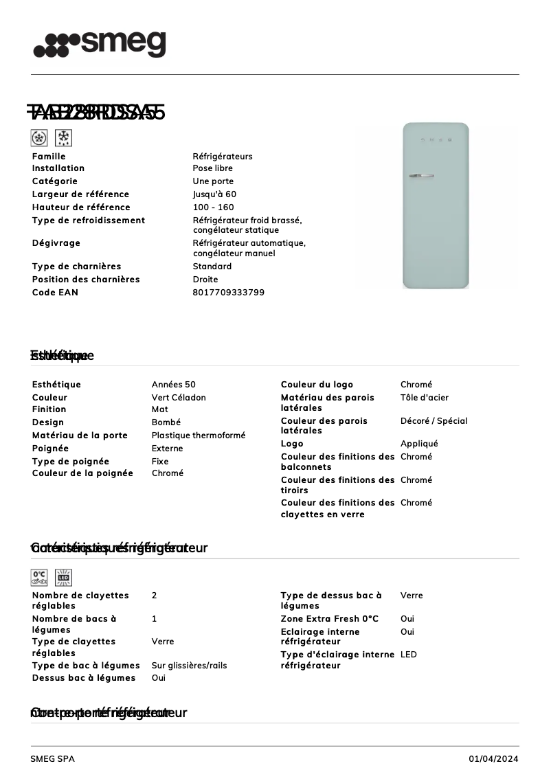 Page 1 de la notice Fiche technique Smeg FAB28RDSA5