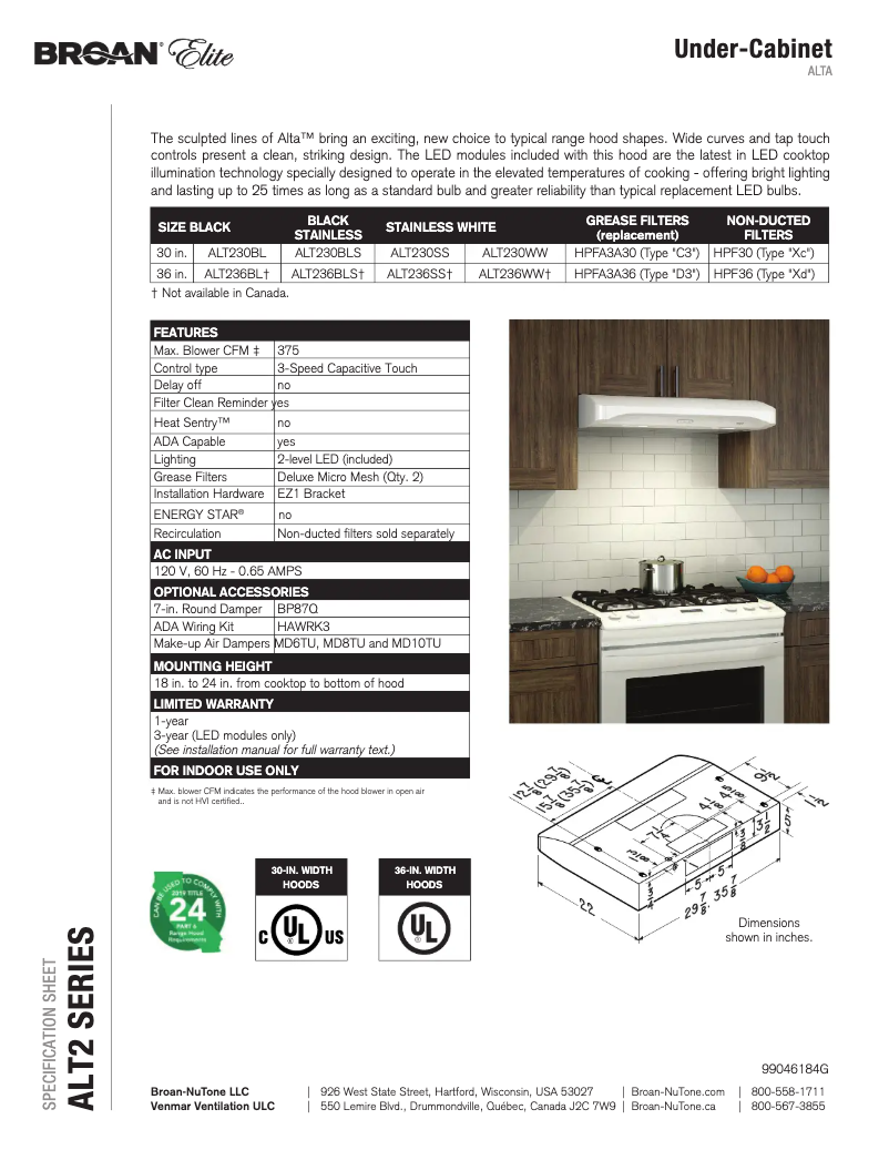 Page 1 de la notice Fiche technique Broan ALT230BLS