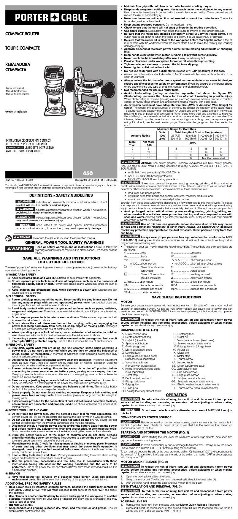 Page 1 de la notice Manuel utilisateur Porter-Cable 450