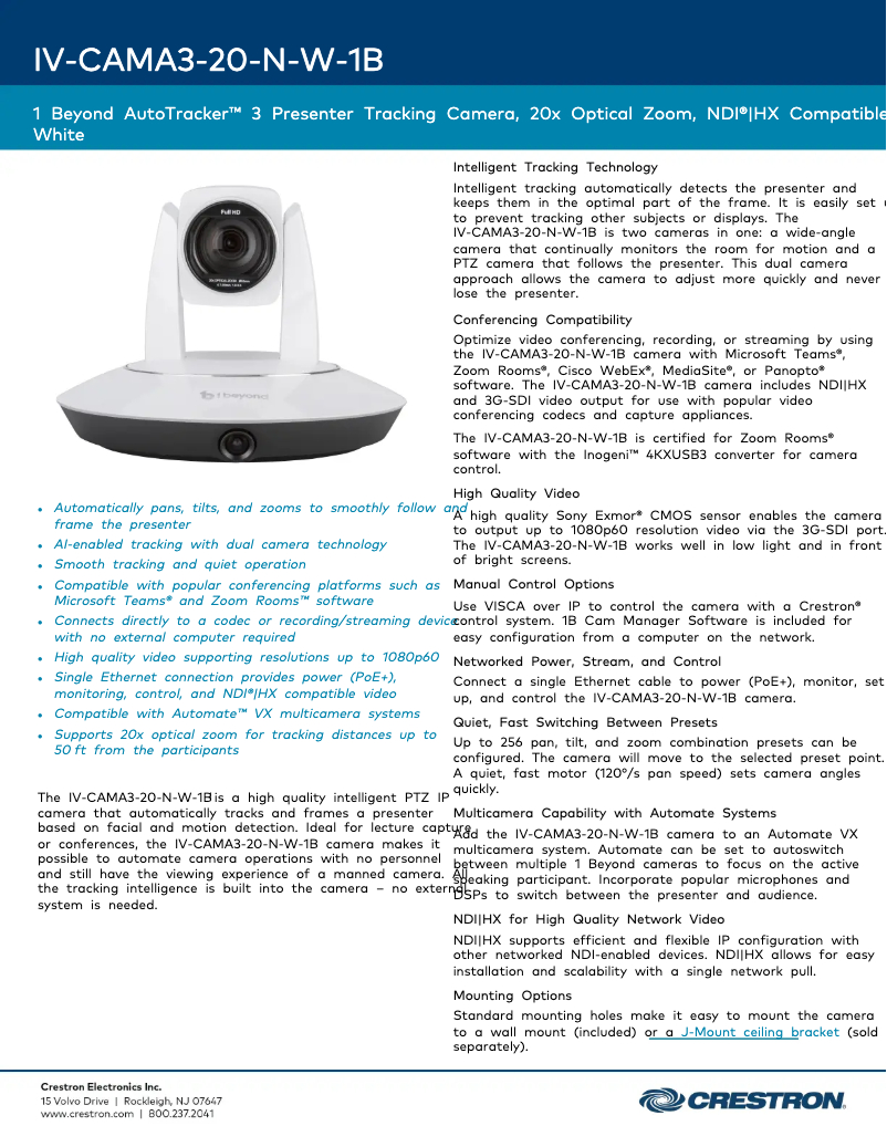 Page n°1 - Fiche technique Crestron IV-CAMA3-20-N-W-1B