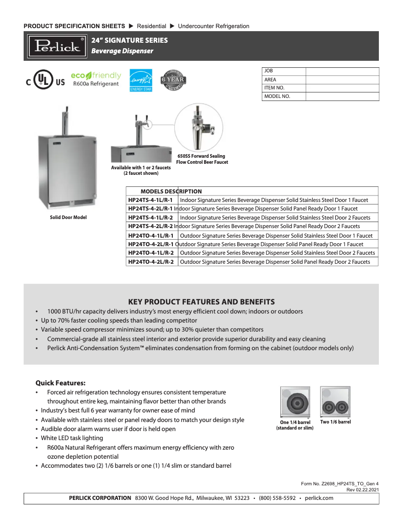 Page 1 de la notice Fiche technique Perlick HP24TS-4-1L-1
