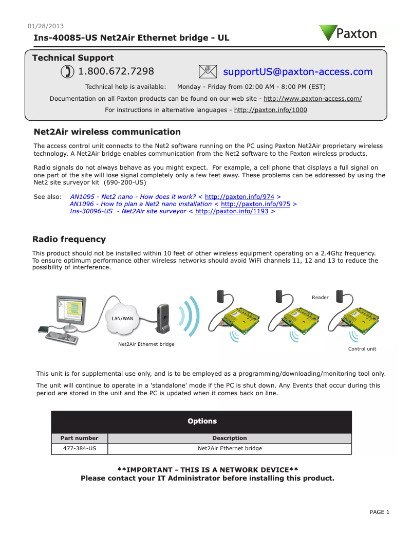 Page n°1 - Manuel utilisateur Paxton Net2Air Bridge