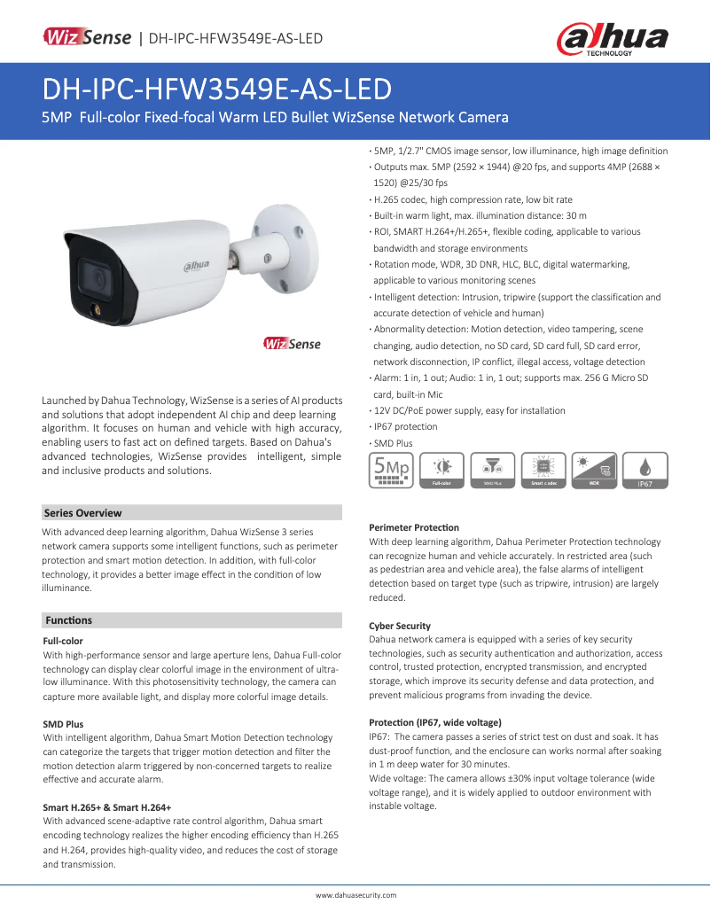 Page 1 de la notice Fiche technique Dahua Technology IPC-HFW3549E-AS-LED