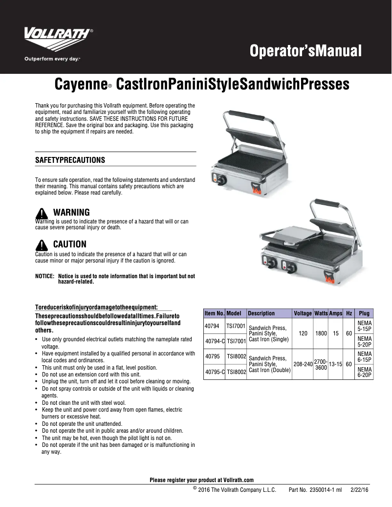 Page 1 de la notice Manuel utilisateur Vollrath 40795-C