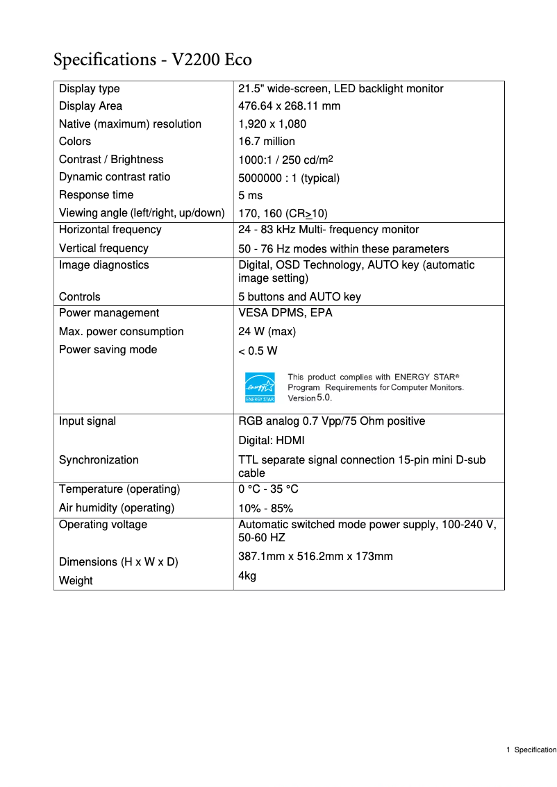 Page 1 de la notice Fiche technique BenQ V2400 Eco