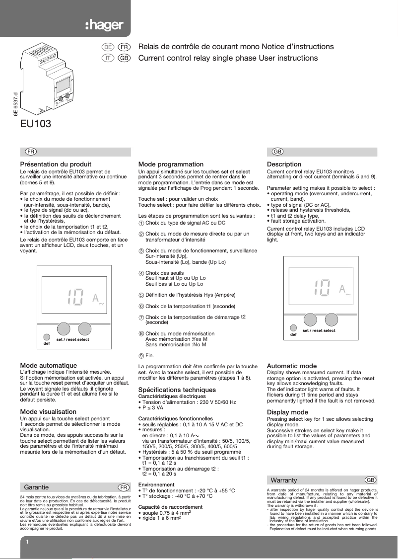 Page 1 de la notice Manuel utilisateur Hager EU103