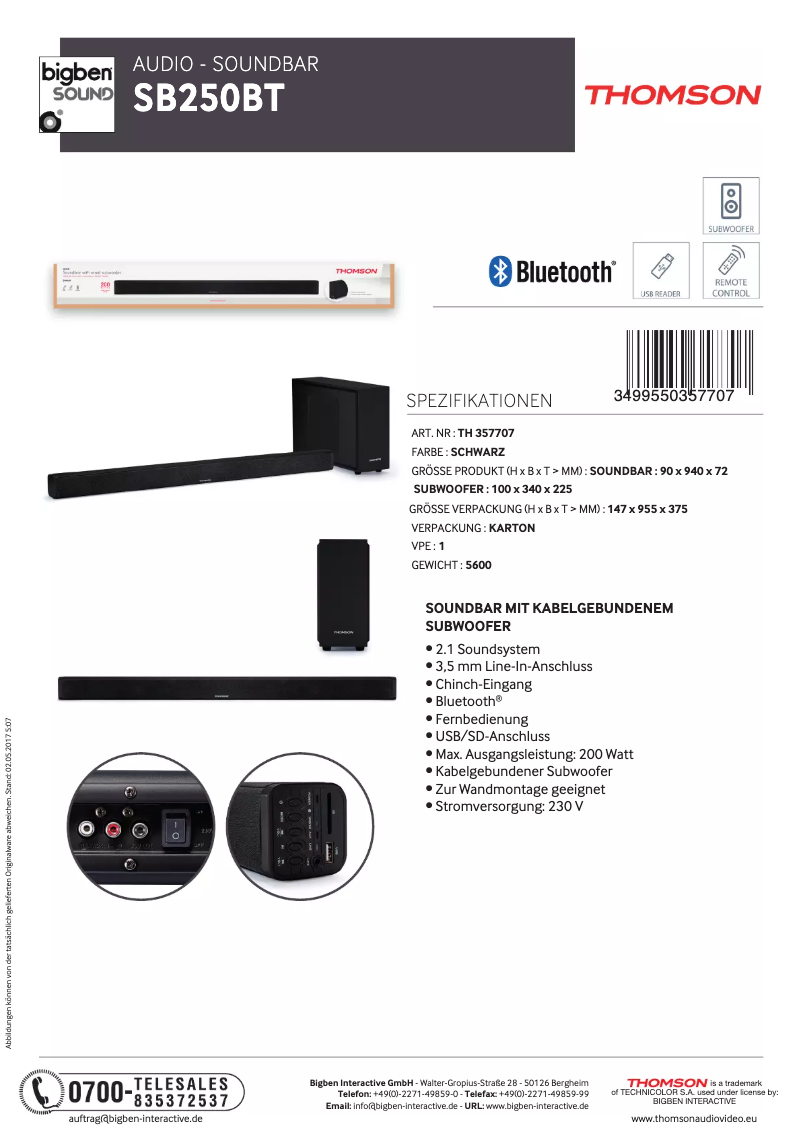Page n°1 - Fiche technique Thomson SB250BT