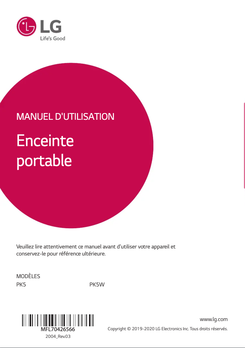 Page 1 de la notice Manuel utilisateur LG PK5W