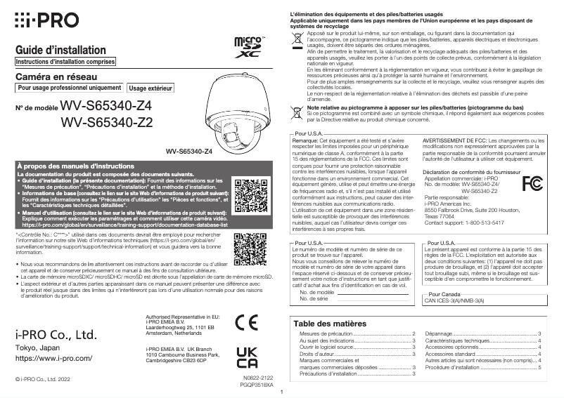 Page n°1 - Manuel utilisateur i-PRO WV-S65340-Z2