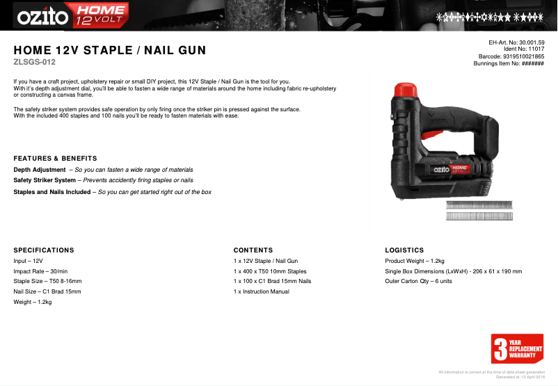 Page 1 de la notice Fiche technique Ozito ZLSGS-012