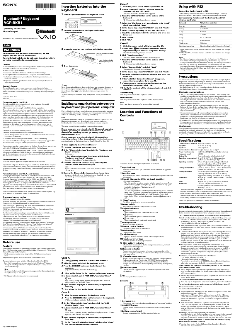 Page n°1 - Manuel utilisateur Sony VGP-BKB1