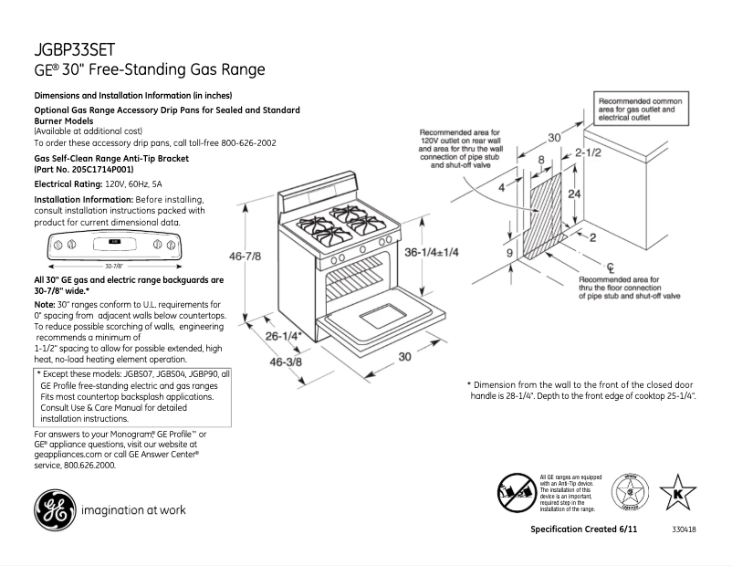 Page 1 de la notice Fiche technique GE JGBP33SETSS