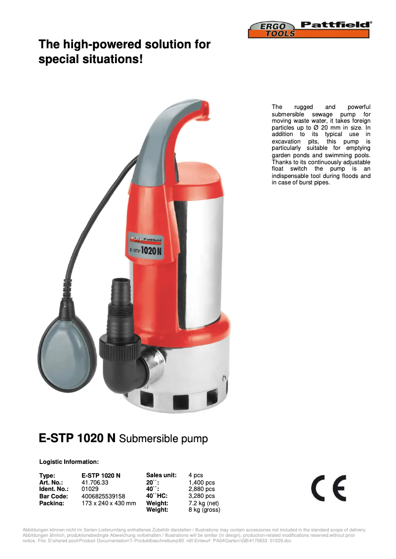 Page 1 de la notice Manuel utilisateur Ergotools Pattfield E-STP 1020 N