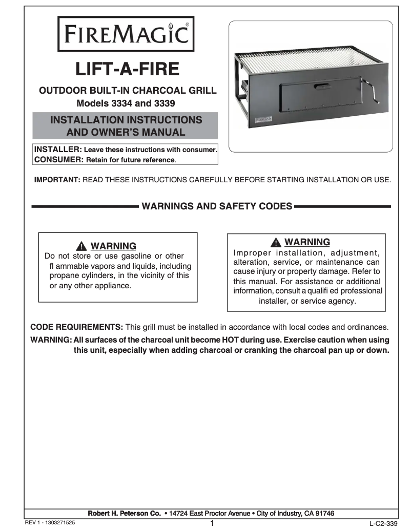 Page 1 de la notice Manuel utilisateur Fire Magic Lift-A-Fire 3339