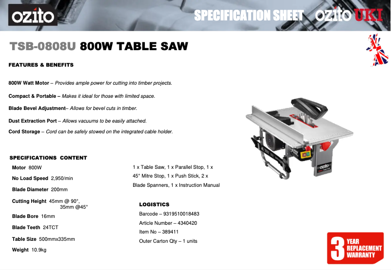 Page 1 de la notice Fiche technique Ozito TSB-0808U