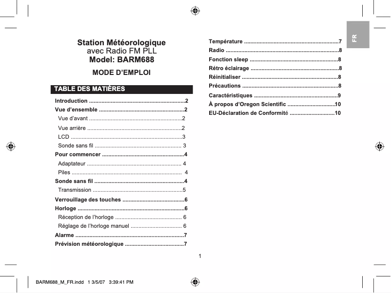 Page 1 de la notice Manuel utilisateur Oregon Scientific BARM688