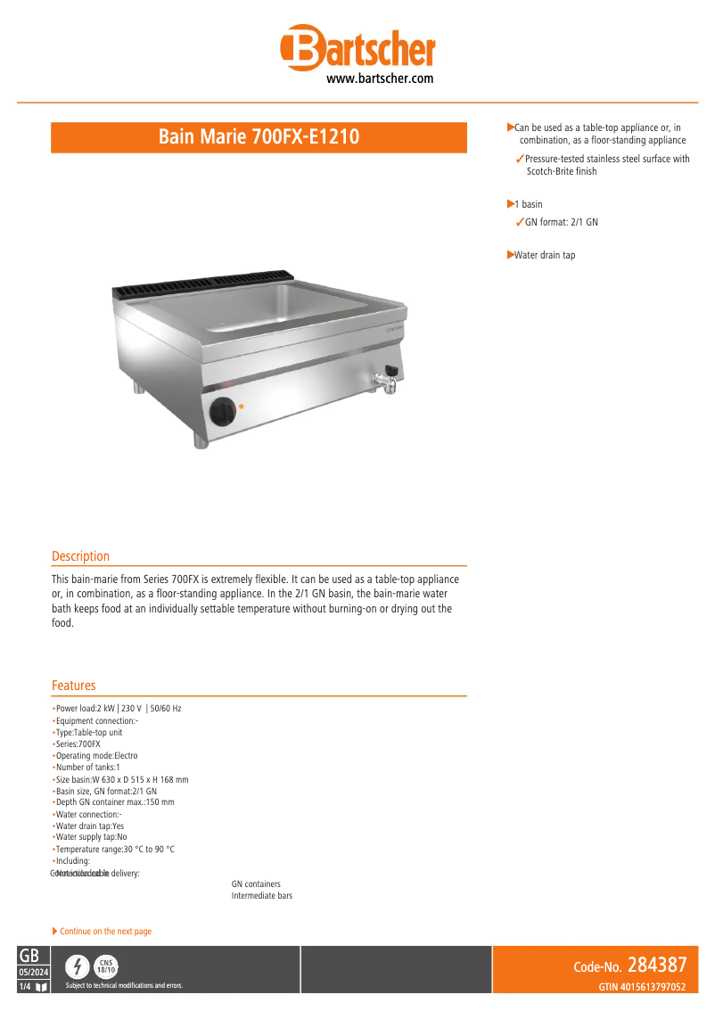 Page 1 de la notice Fiche technique Bartscher 700FX-E1210