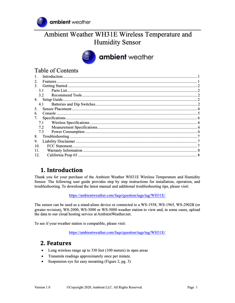 Page n°1 - Manuel utilisateur Ambient Weather WH31E