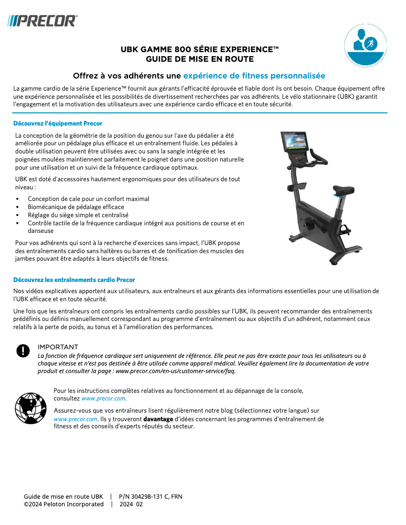 Page 1 de la notice Manuel utilisateur Precor UBK 800