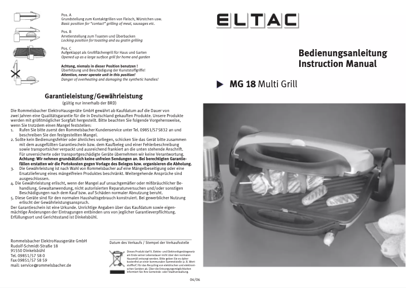 Image de la première page du manuel de l'appareil ELTAC MG 18