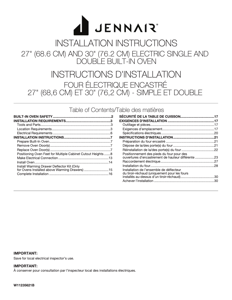 Page n°1 - Guide d'installation Jenn-Air JJW2430LL