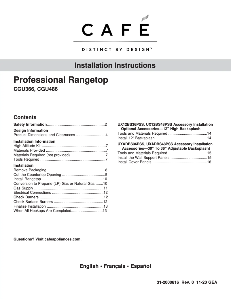 Page n°1 - Guide d'installation GE CGU486P2TS1