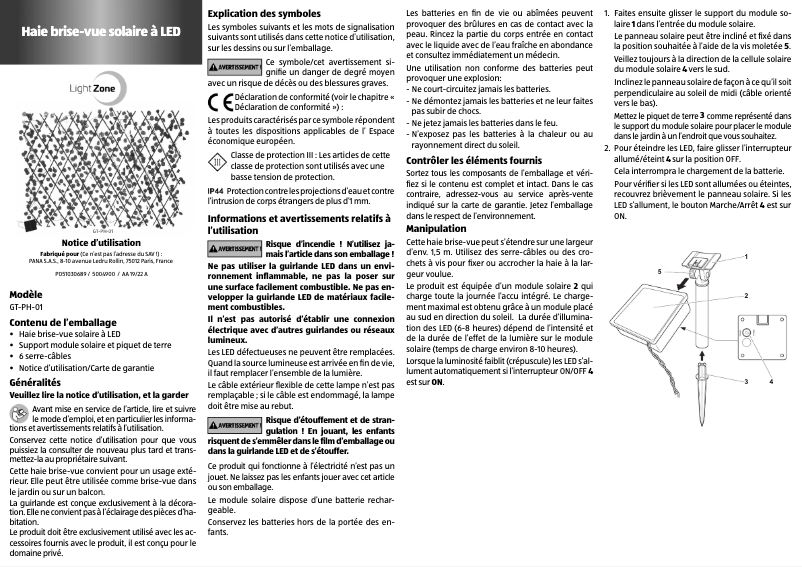 Page n°1 - Manuel utilisateur LightZone GT-PH-01