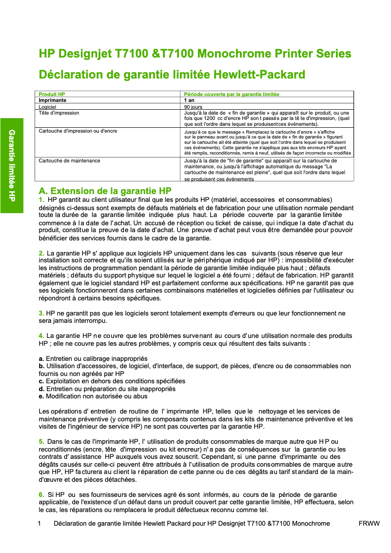 Page n°1 - Informations de garantie HP DesignJet T7100