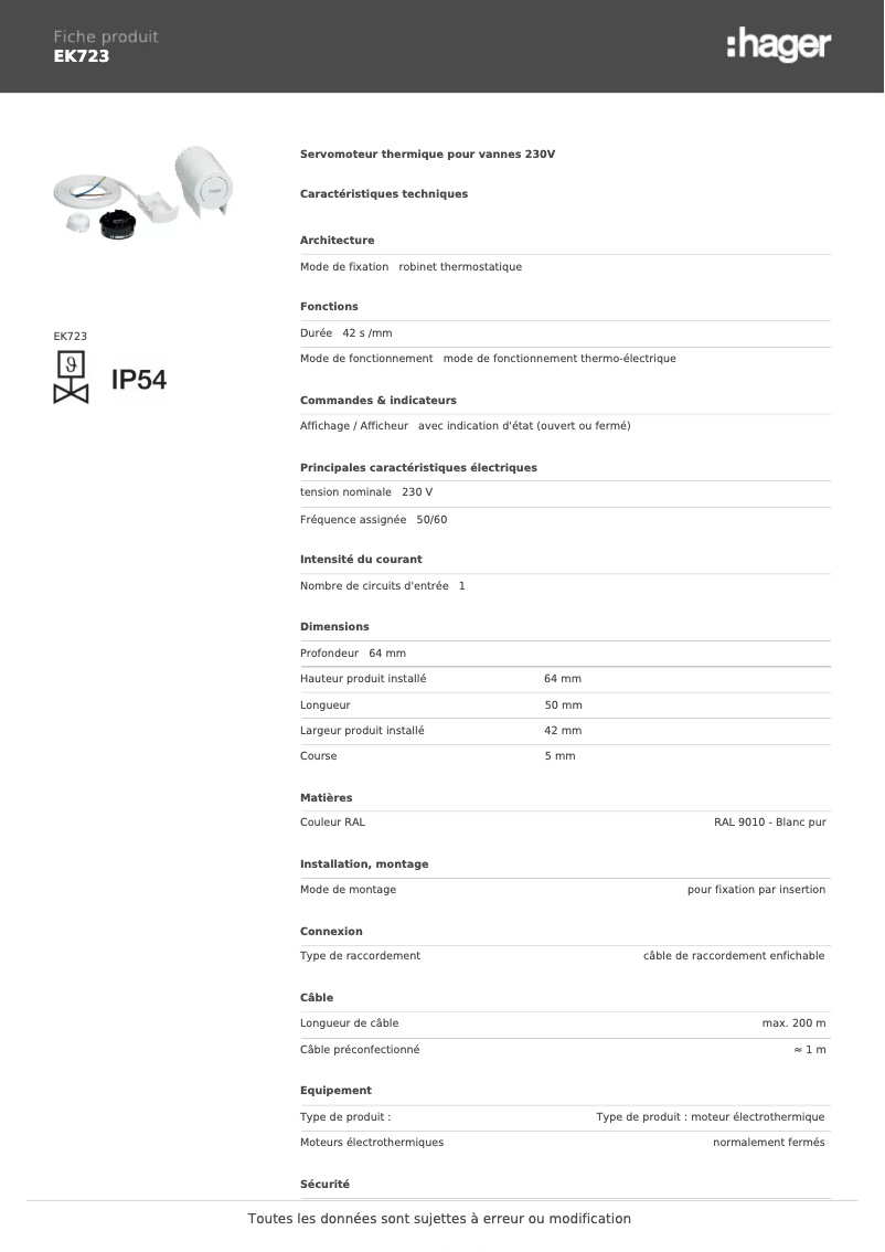 Page n°1 - Fiche technique Hager EK723