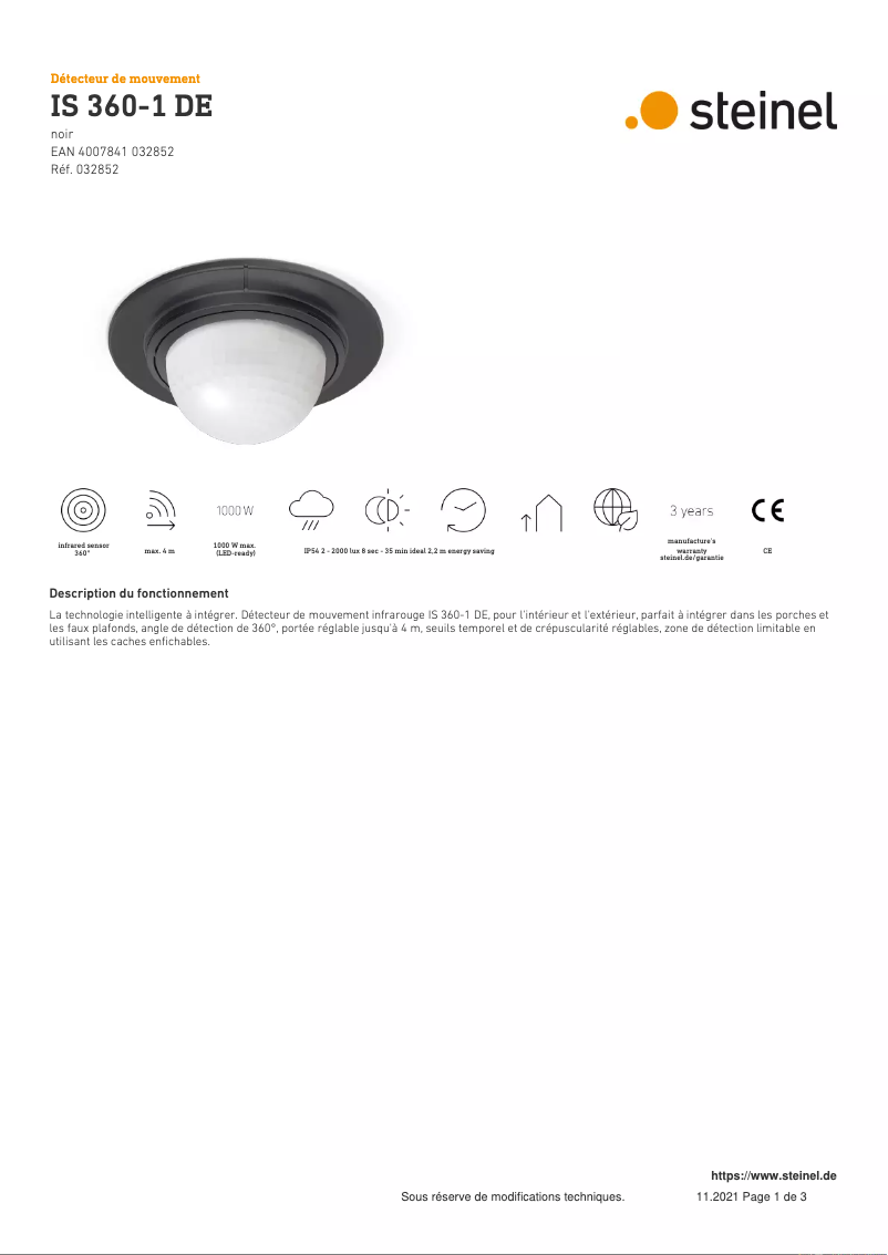 Page 1 de la notice Fiche technique Steinel IS 360