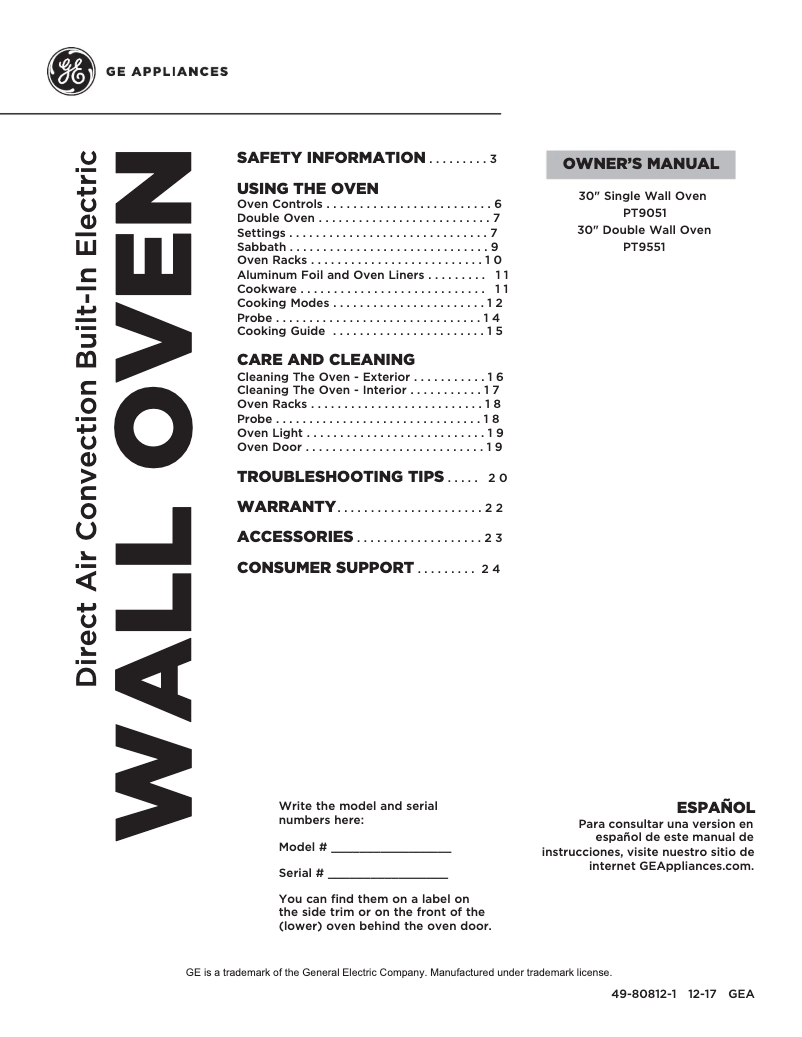 Page n°1 - Manuel d'utilisation et d'entretien GE PT9051SLSS