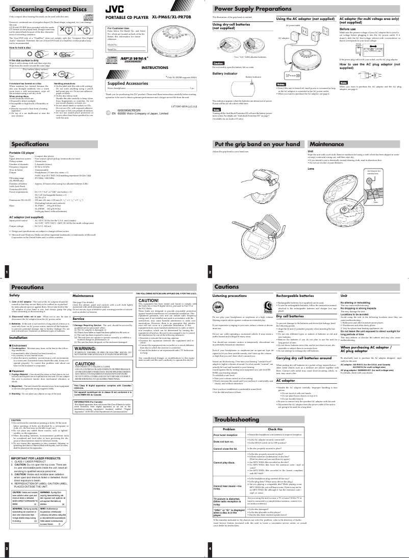 Page 1 de la notice Manuel utilisateur JVC XL-PR70