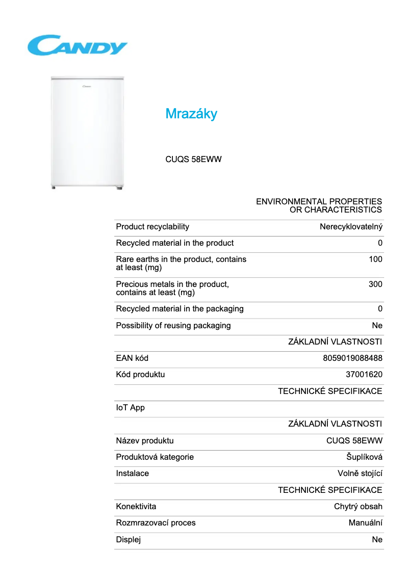 Page n°1 - Fiche technique Candy CUQS 58EWW