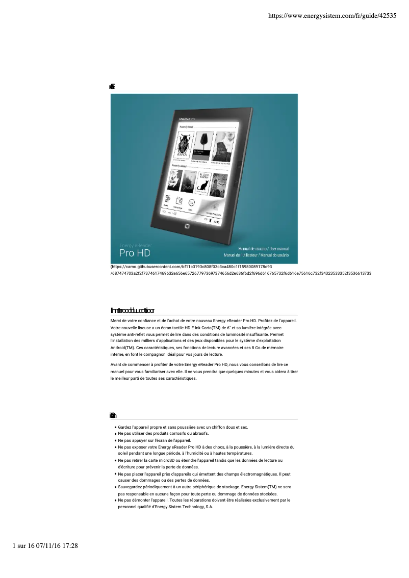 Image de la première page du manuel de l'appareil eReader Pro HD