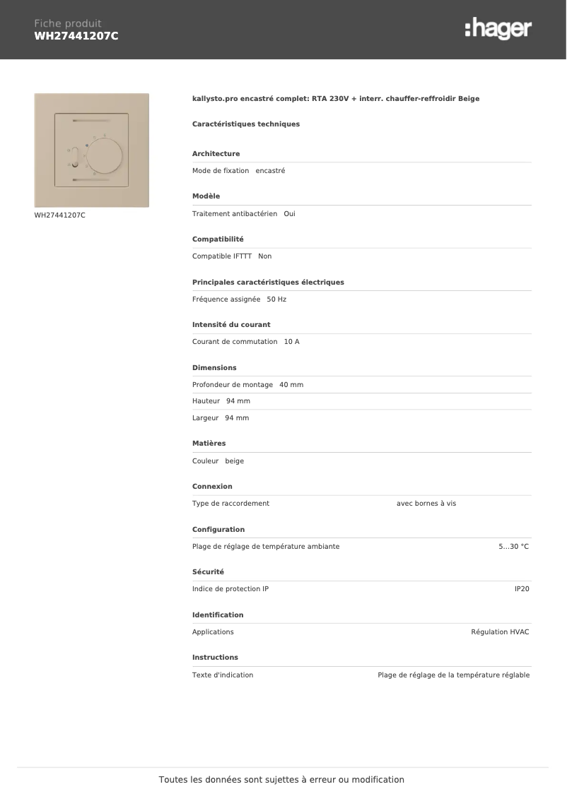 Page 1 de la notice Fiche technique Hager WH27441207C