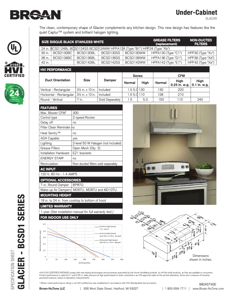 Page 1 de la notice Fiche technique Broan BCSD130SS