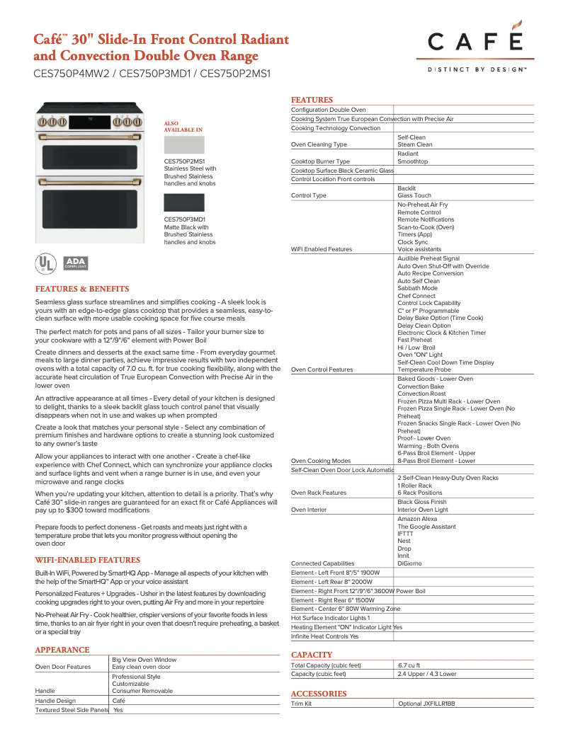 Page 1 de la notice Fiche technique GE Café CES750P3MD1