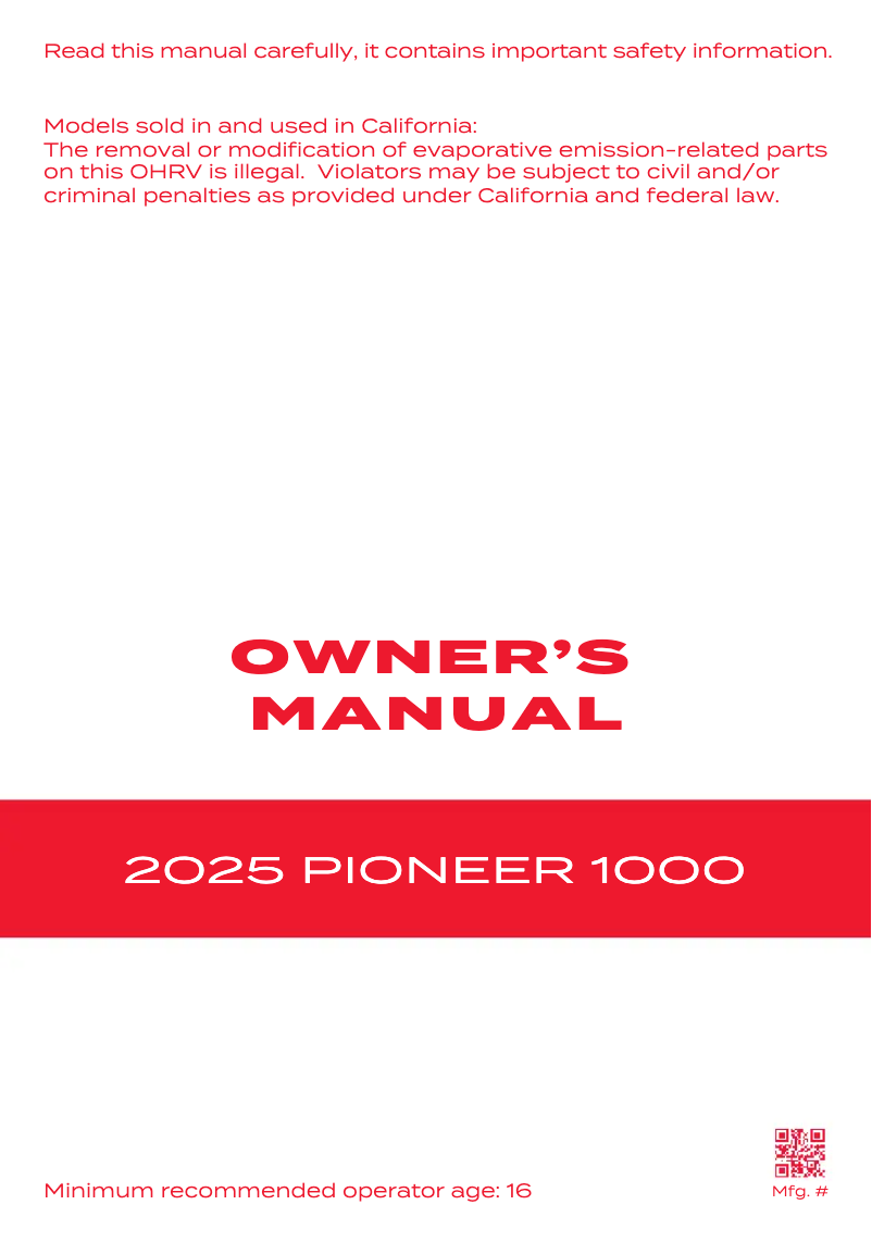 Image de la première page du manuel de l'appareil Pioneer 1000 (2025)