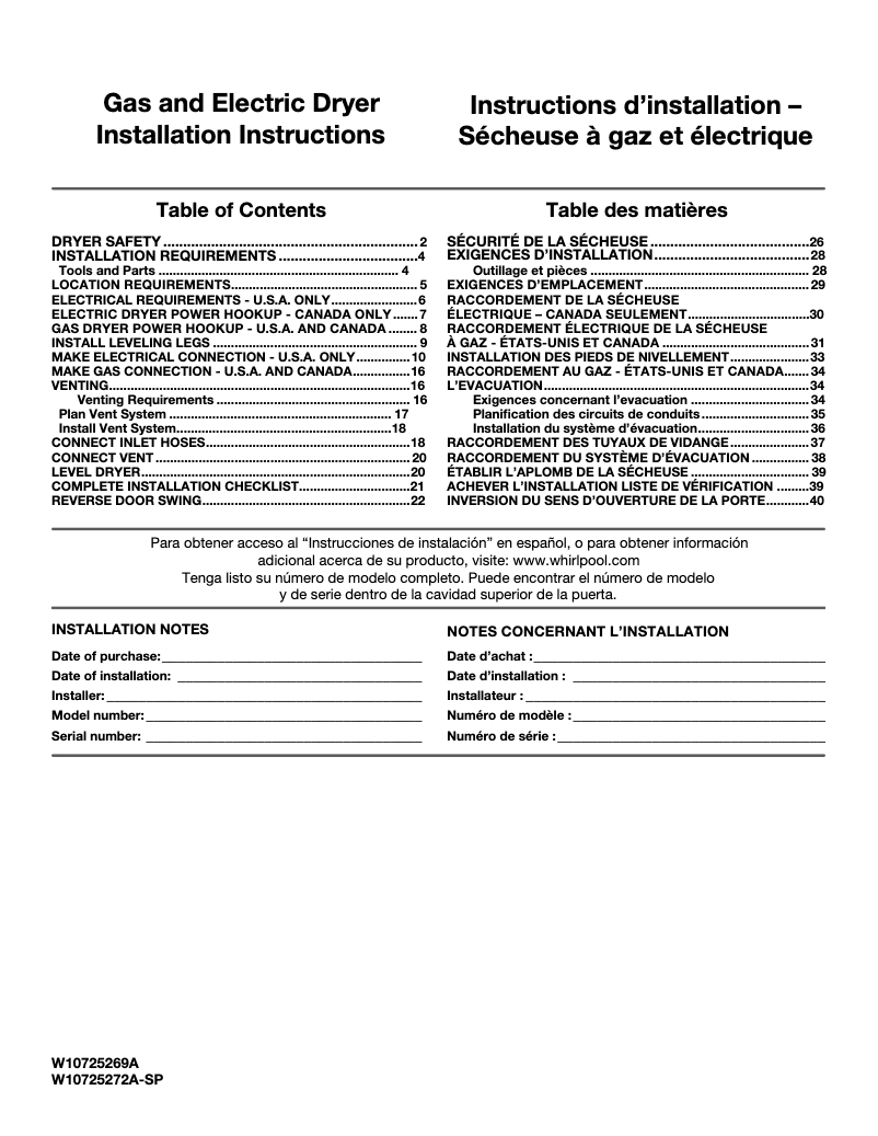 Page 1 de la notice Guide d'installation Whirlpool WGD8000D