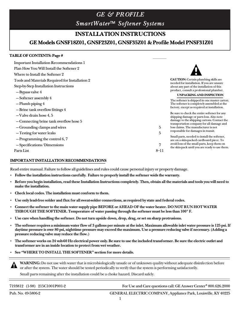 Page 1 de la notice Guide d'installation GE Profile PNSF31Z