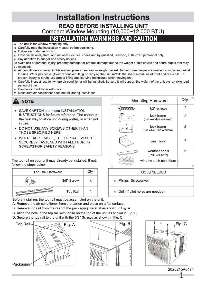 Page n°1 - Guide d'installation Frigidaire FRA105BU1
