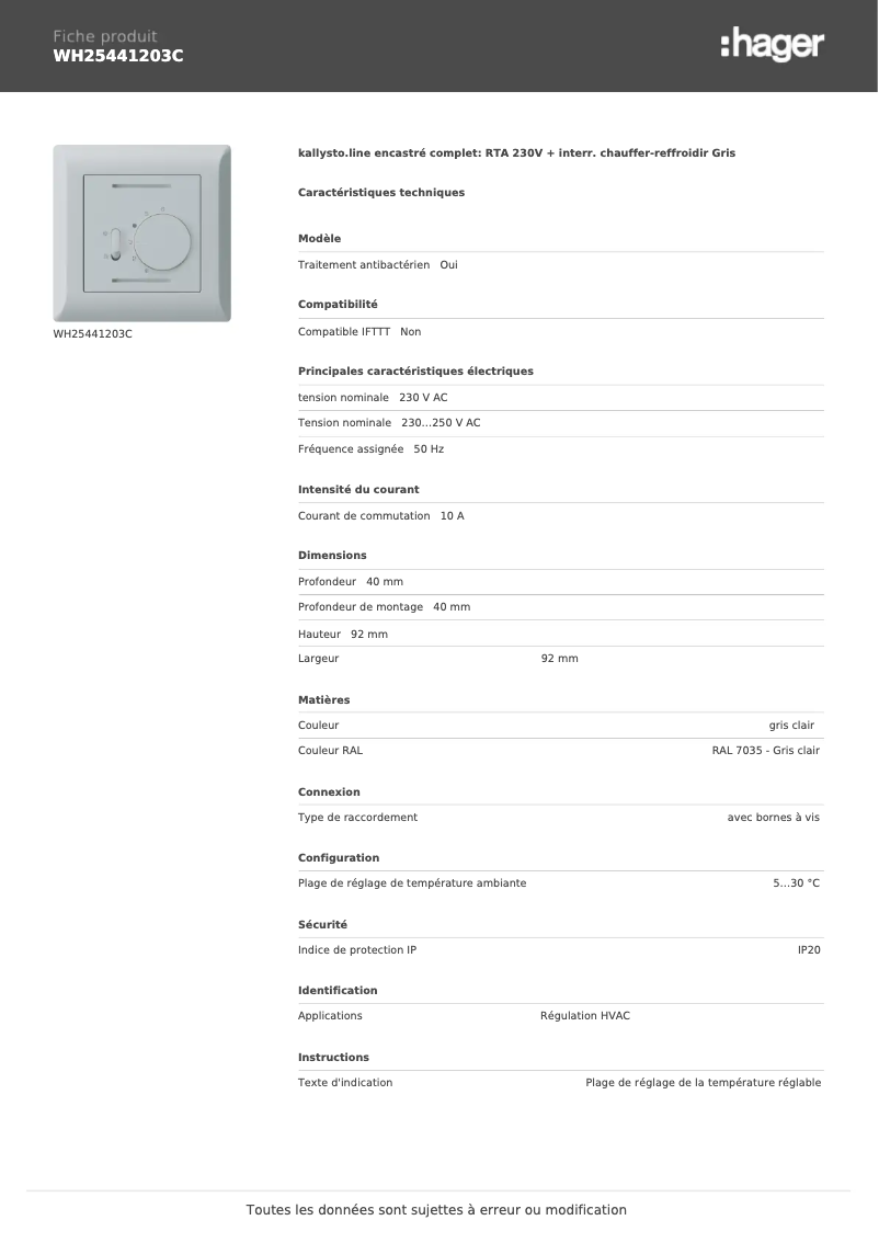 Page 1 de la notice Fiche technique Hager WH25441203C