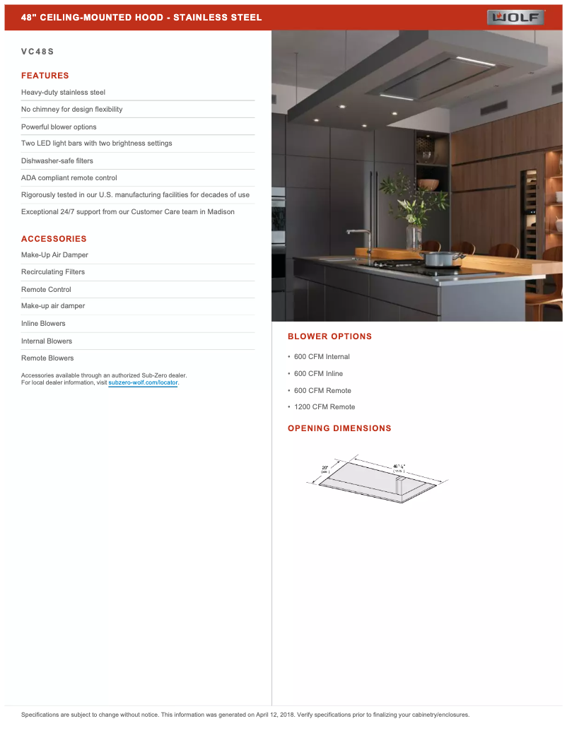 Page 1 de la notice Fiche technique Wolf VC48S