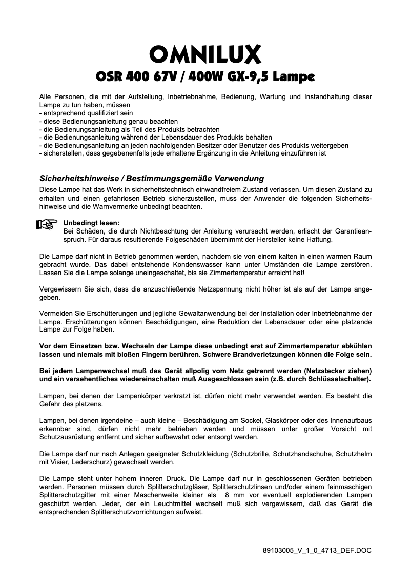 Page 1 de la notice Manuel utilisateur Omnilux OSR 400