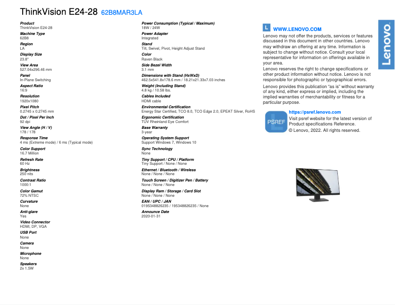 Page n°1 - Manuel utilisateur Lenovo ThinkVision E24-28