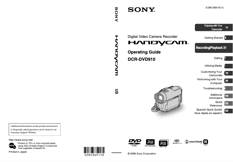 Page n°1 - Manuel utilisateur Sony Handycam DCR-DVD910