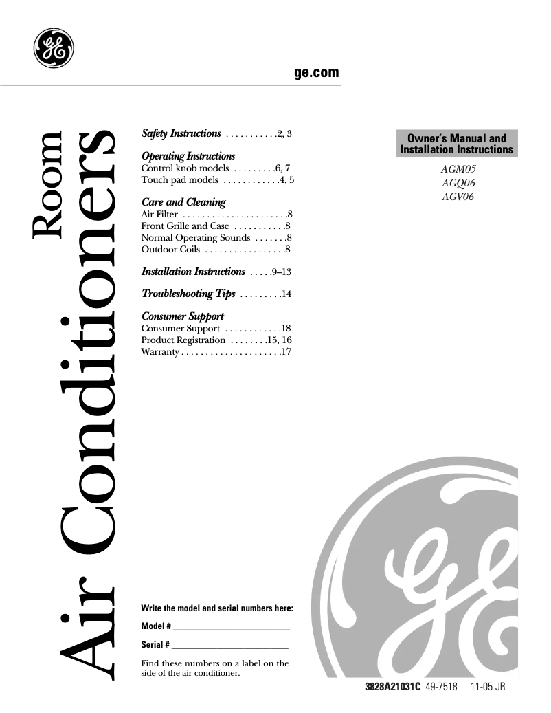 Page n°1 - Manuel d'utilisation et d'entretien GE AGQ06LH