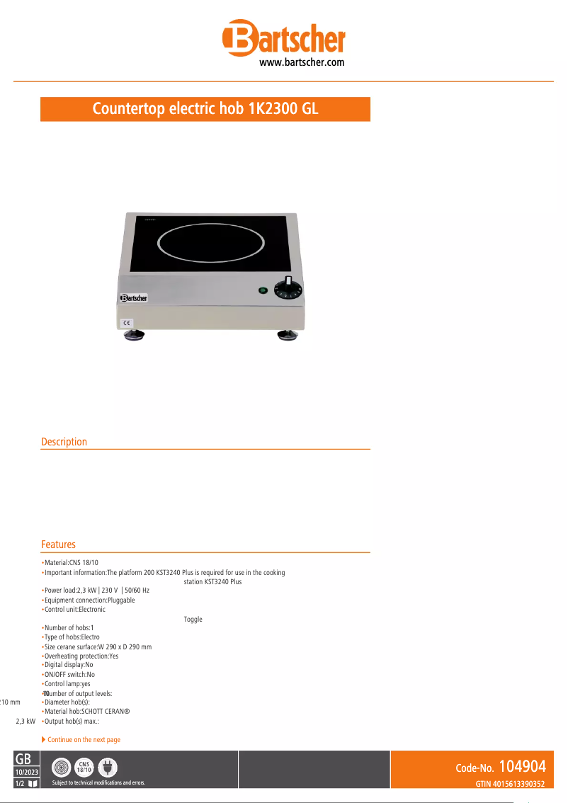 Página 1 del manual Ficha técnica Bartscher 1K2300 GL