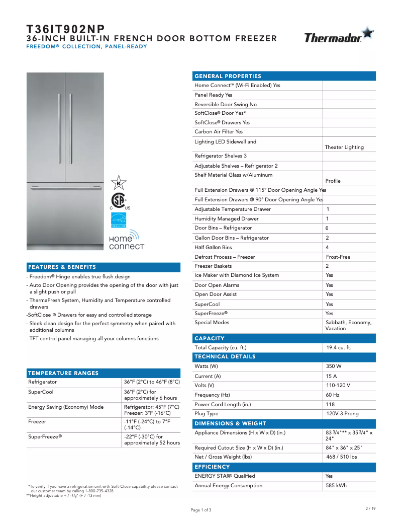Page 1 de la notice Fiche technique Thermador T36IT902NP