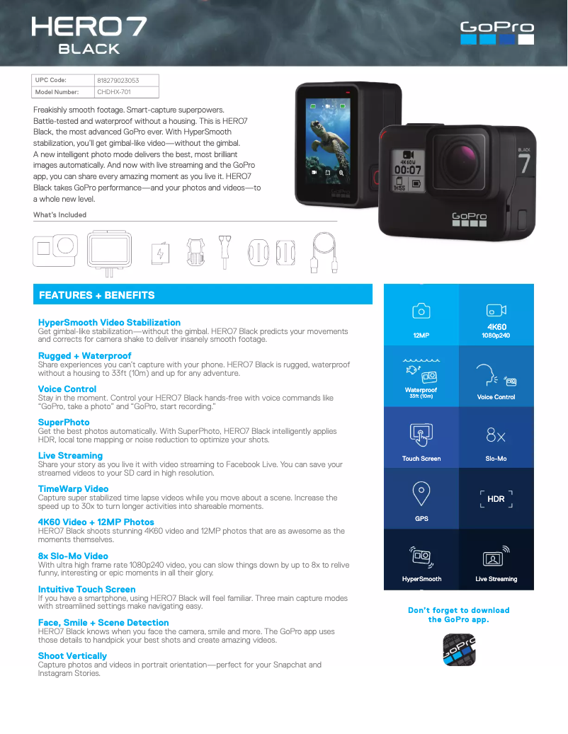 Page 1 de la notice Fiche technique GoPro HERO 7 Black